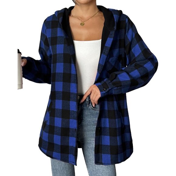 Jackets & Blazers - Women Flannel Fleece Shacket Large Plaid Hoodie Button Long Sleeve Fall Winter